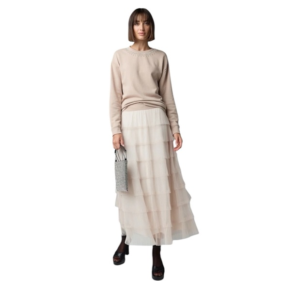 🆕 Simply Vera Vera Wang Soft Layered Tiered Tulle Maxi Skirt in Mushroom XS - Picture 2 of 14